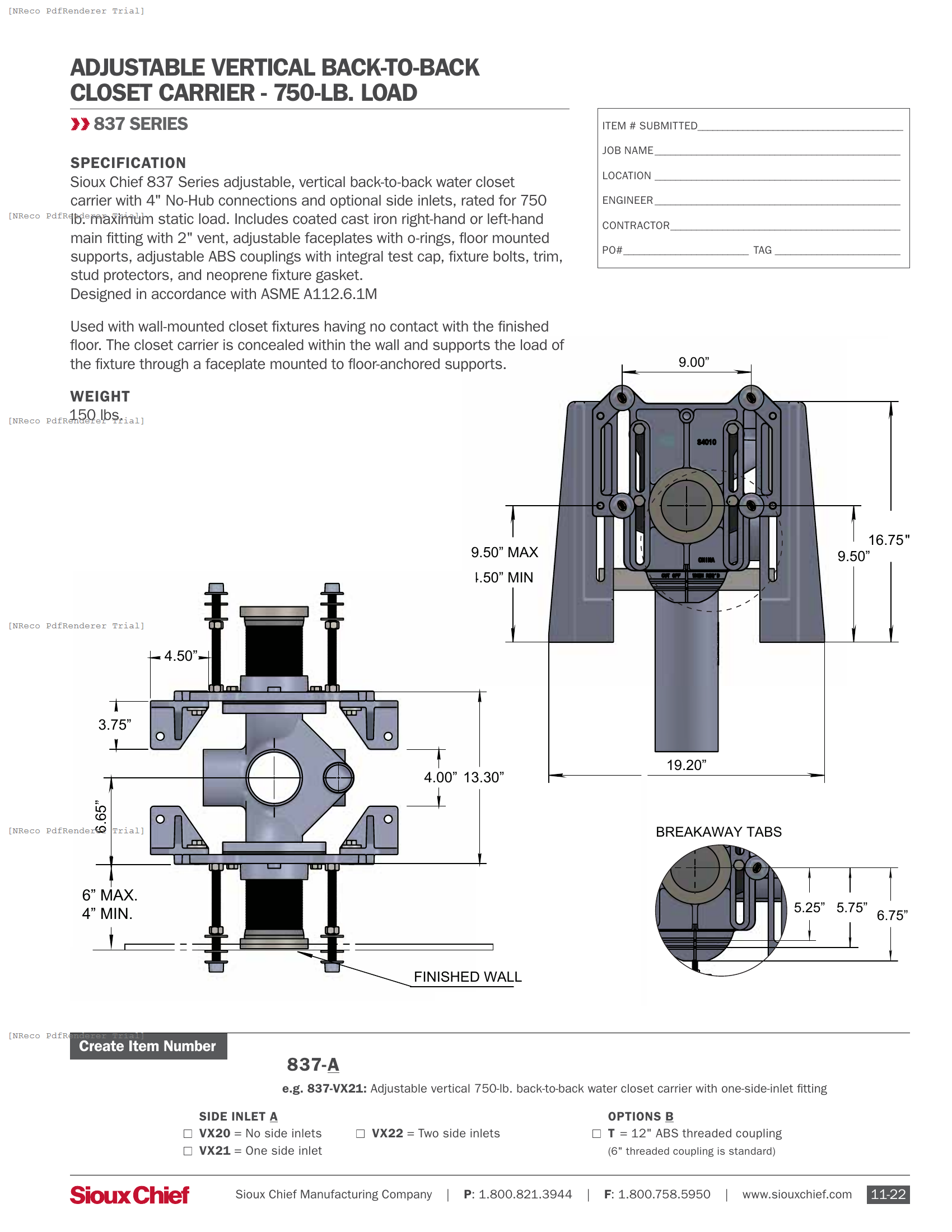 837-VX2 SERIES - CLOSET CARRIER - SPEC SHEET.PDF Specification Document